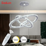 Modern crystal rings LED chandelier; chrome pendant ceiling light with remote control by GreeLustr