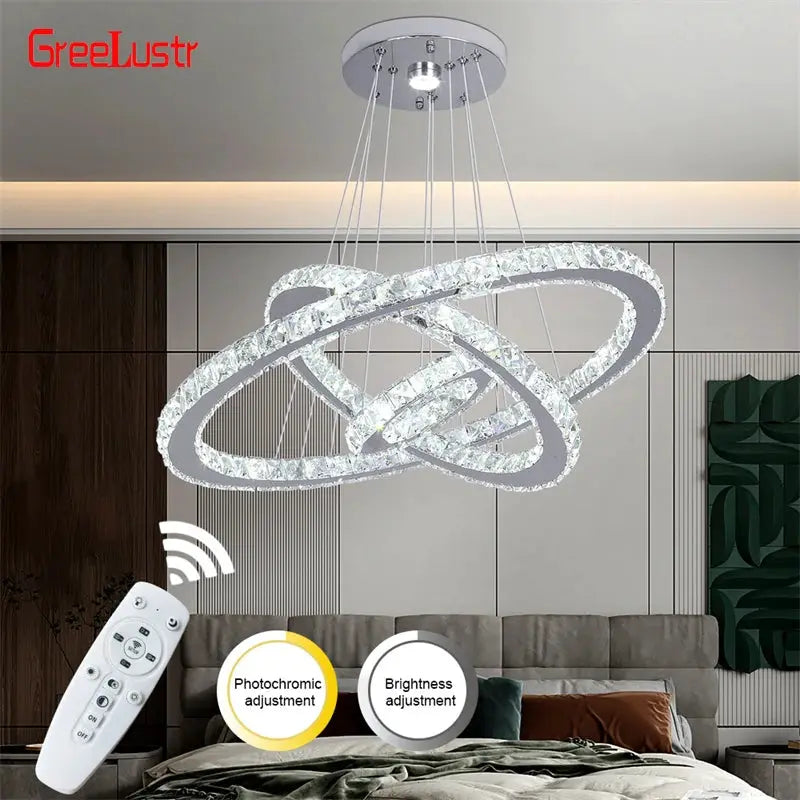 Modern crystal rings LED chandelier; chrome pendant ceiling light with remote control by GreeLustr