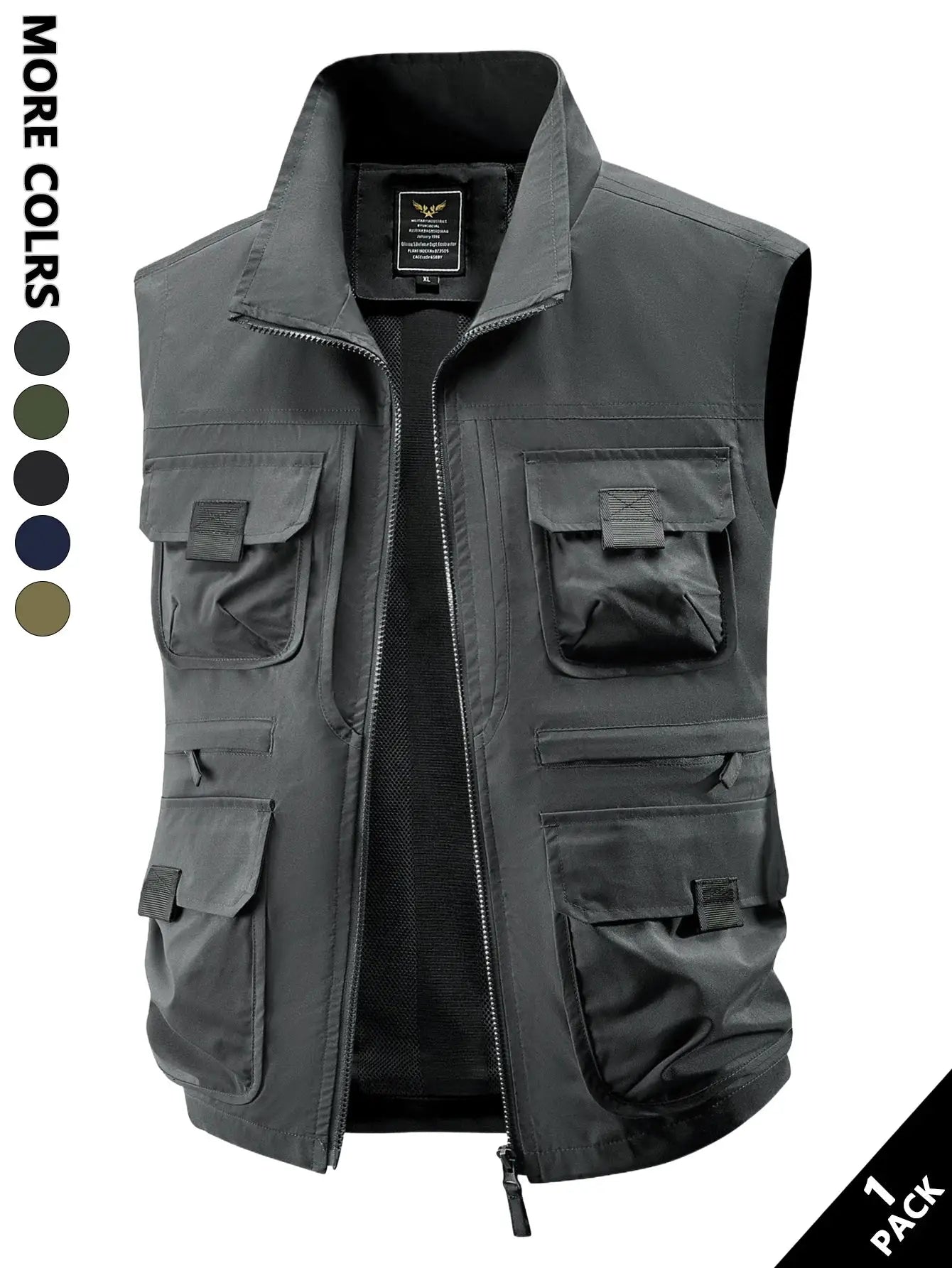 Simples Market men's casual work vest, windproof and heat-retaining, gray with cargo pockets.
