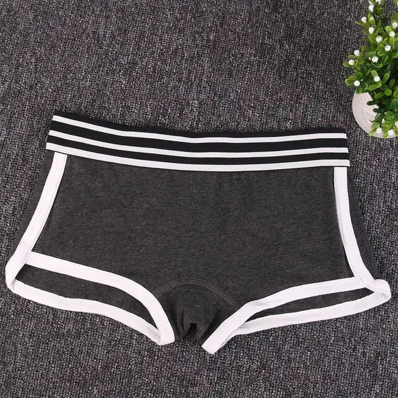 Women's low-waist boxer briefs in charcoal gray with white trim and striped waistband, Simples Market