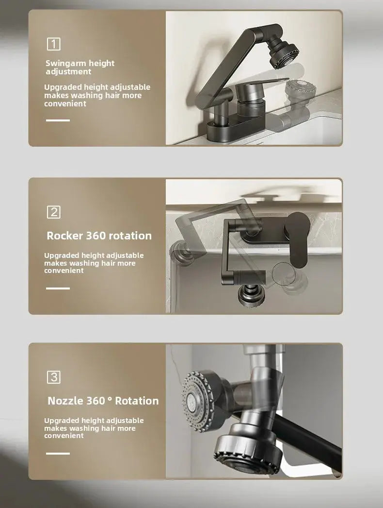 Wash basin faucet by Simples Market with matte black finish, double-hole mount, 360° rotation.