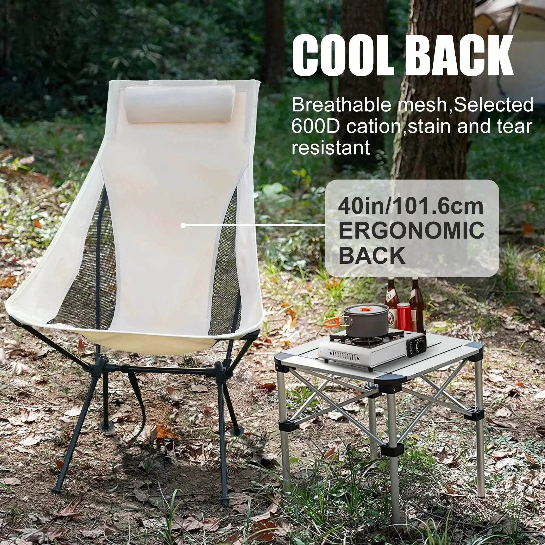 WESTTUNE portable folding camping chair with headrest, cream fabric and mesh, aluminum frame for outdoor use