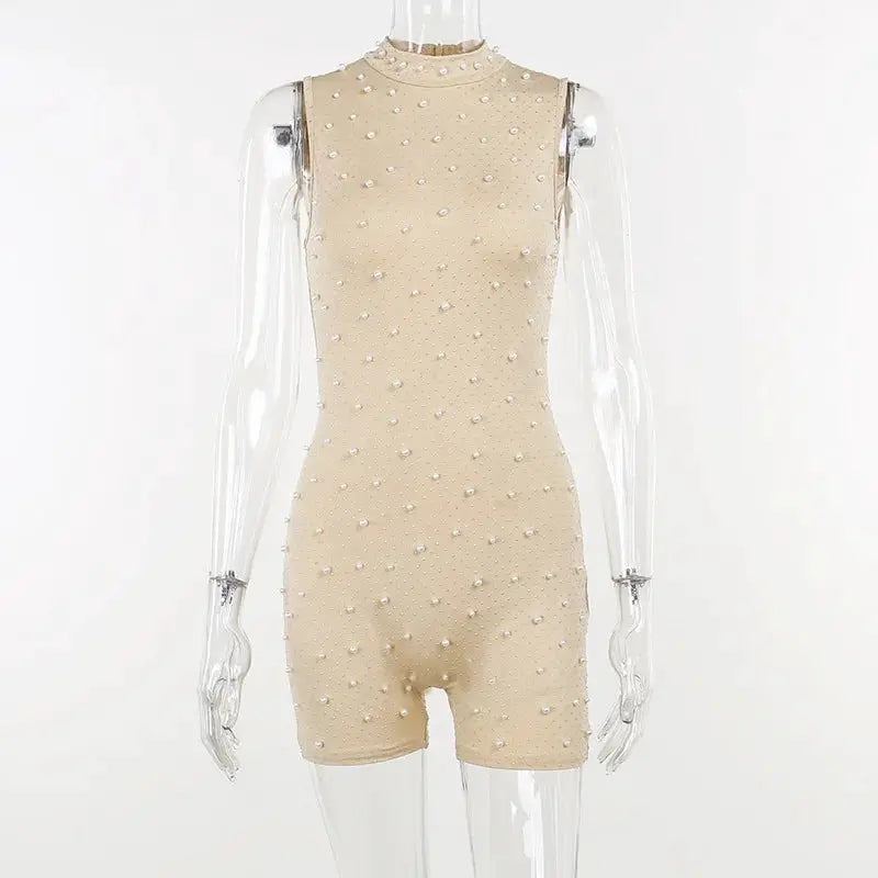 Beaded mesh jumpsuit for women in apricot, sleeveless O-neck one-piece romper