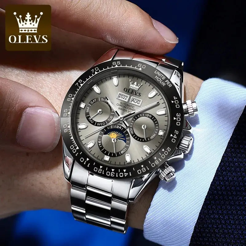 OLEVS men's stainless steel automatic chronograph wristwatch with silver dial and black bezel