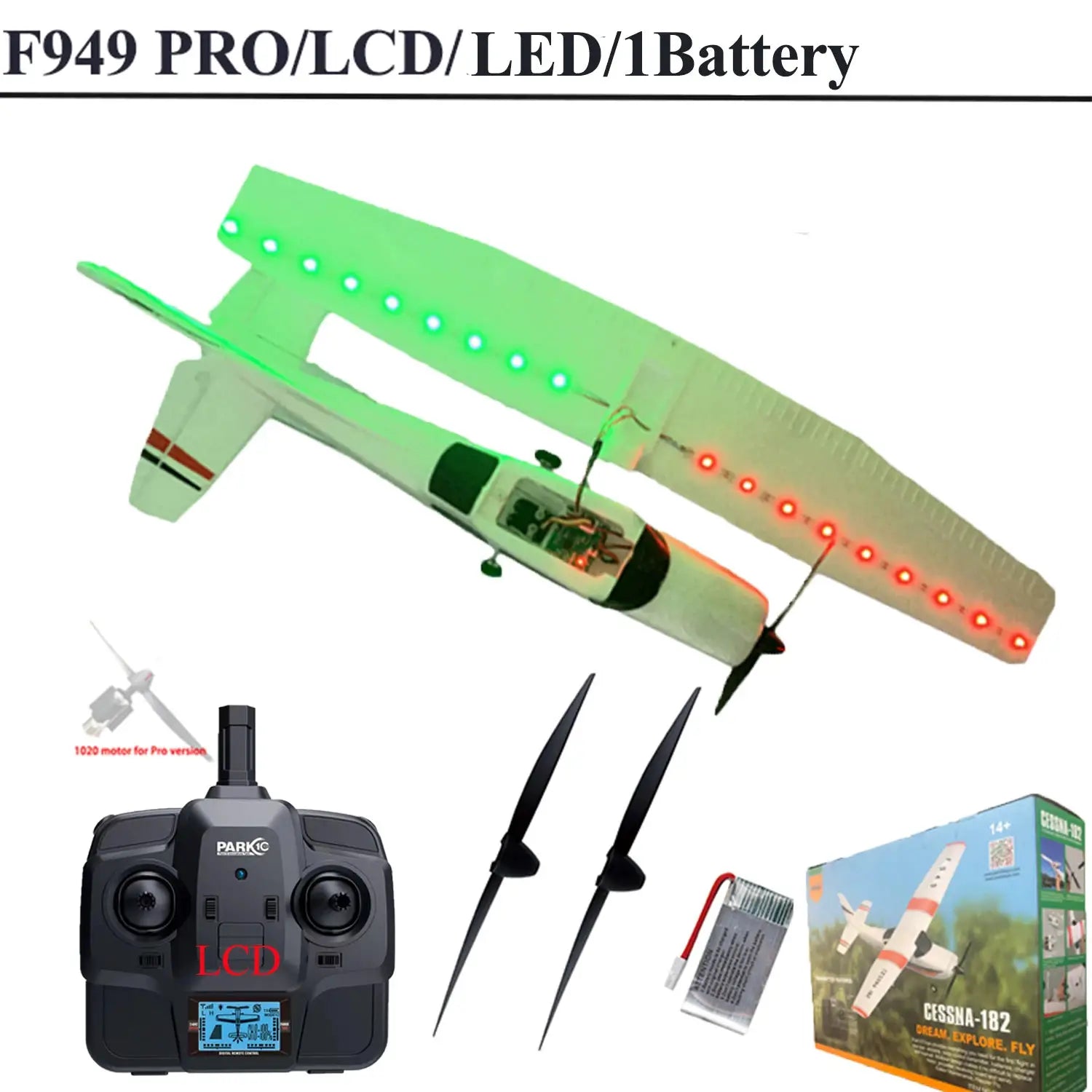 WLtoys F949 LCD RC Airplane Cessna 182 with green LED lights; includes transmitter, 2 spare propellers and battery