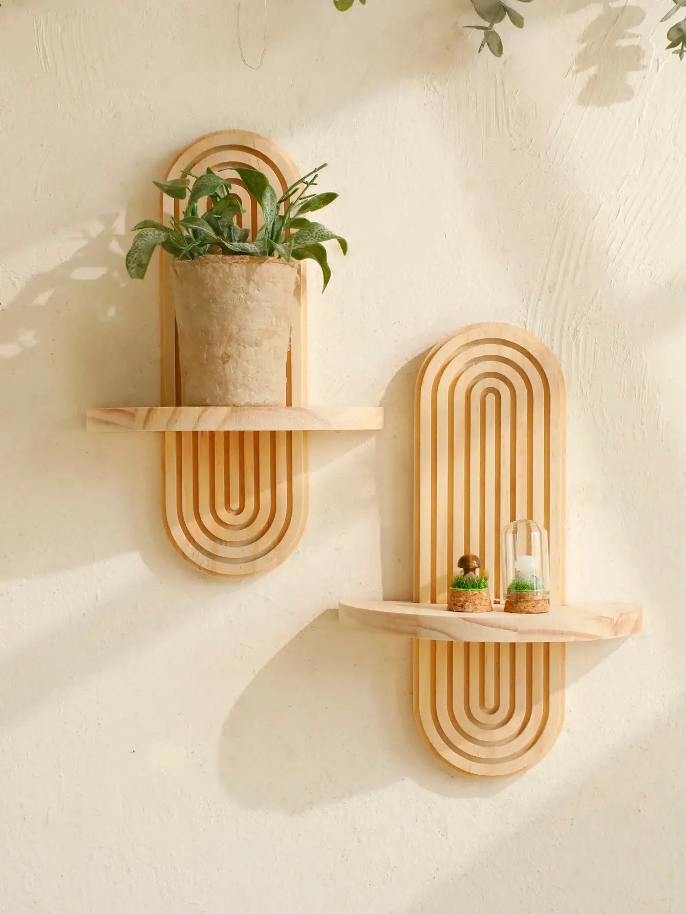 Boho wooden wall shelves; two geometric arch pieces in natural finish for plant decor