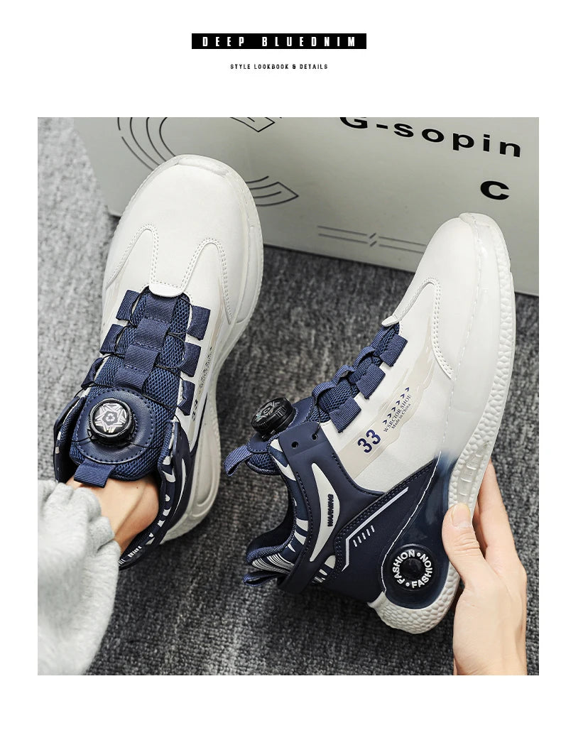 Pair of men's sneakers with rotating buckle in navy and white, non-slip outsole.