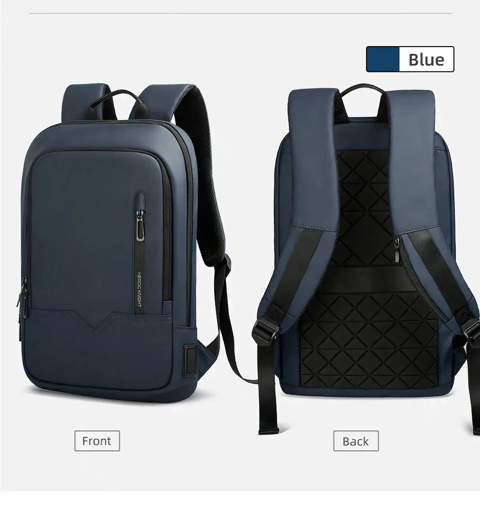 HK Slim Backpack for Men in blue, waterproof 15.6-inch laptop bag, front and back views