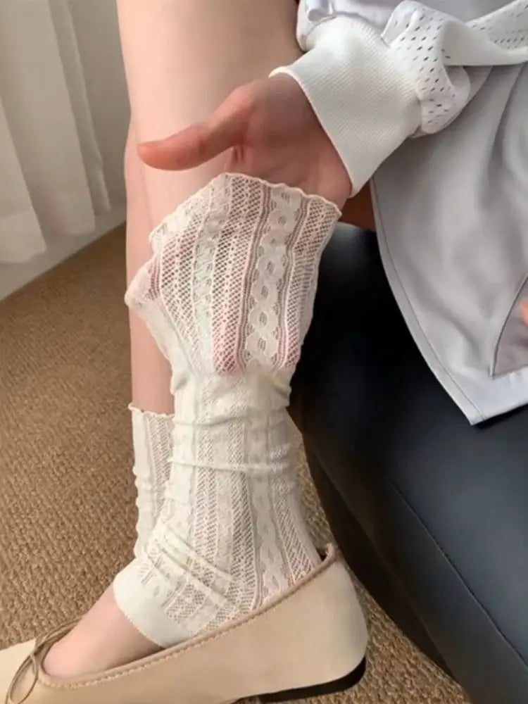 Lightweight Ballet Stamped Foot Pile Up Leg Covers With Twisted Mesh And Ruffle Detail For Summer