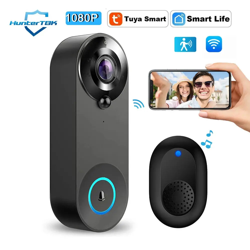 1080P wireless video doorbell camera by Simples Market in black with external chime and mobile view
