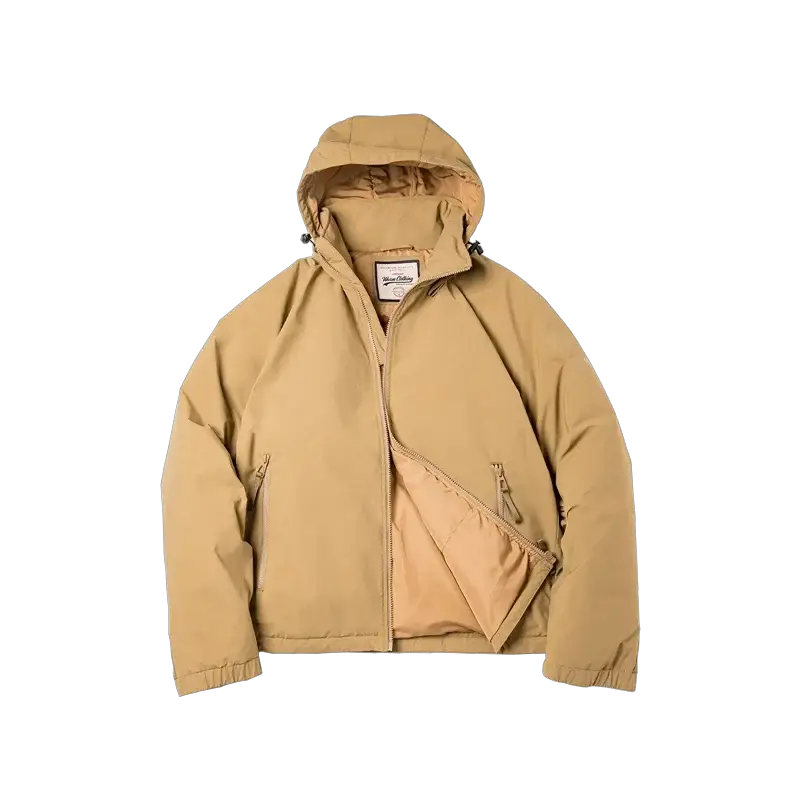 Maden hooded men's down jacket in tan with front zipper and inner pocket panel.