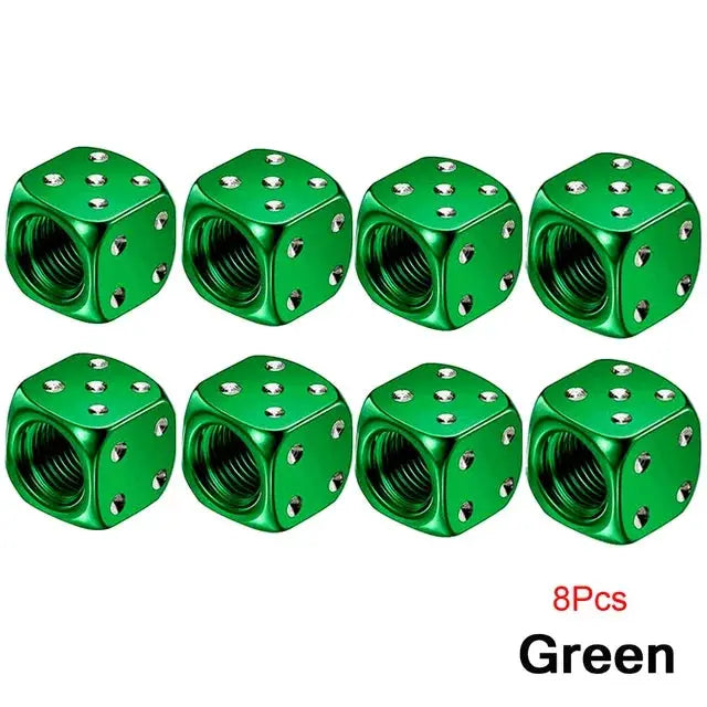 Aluminum dice tire valve caps, green finish, 8 pcs