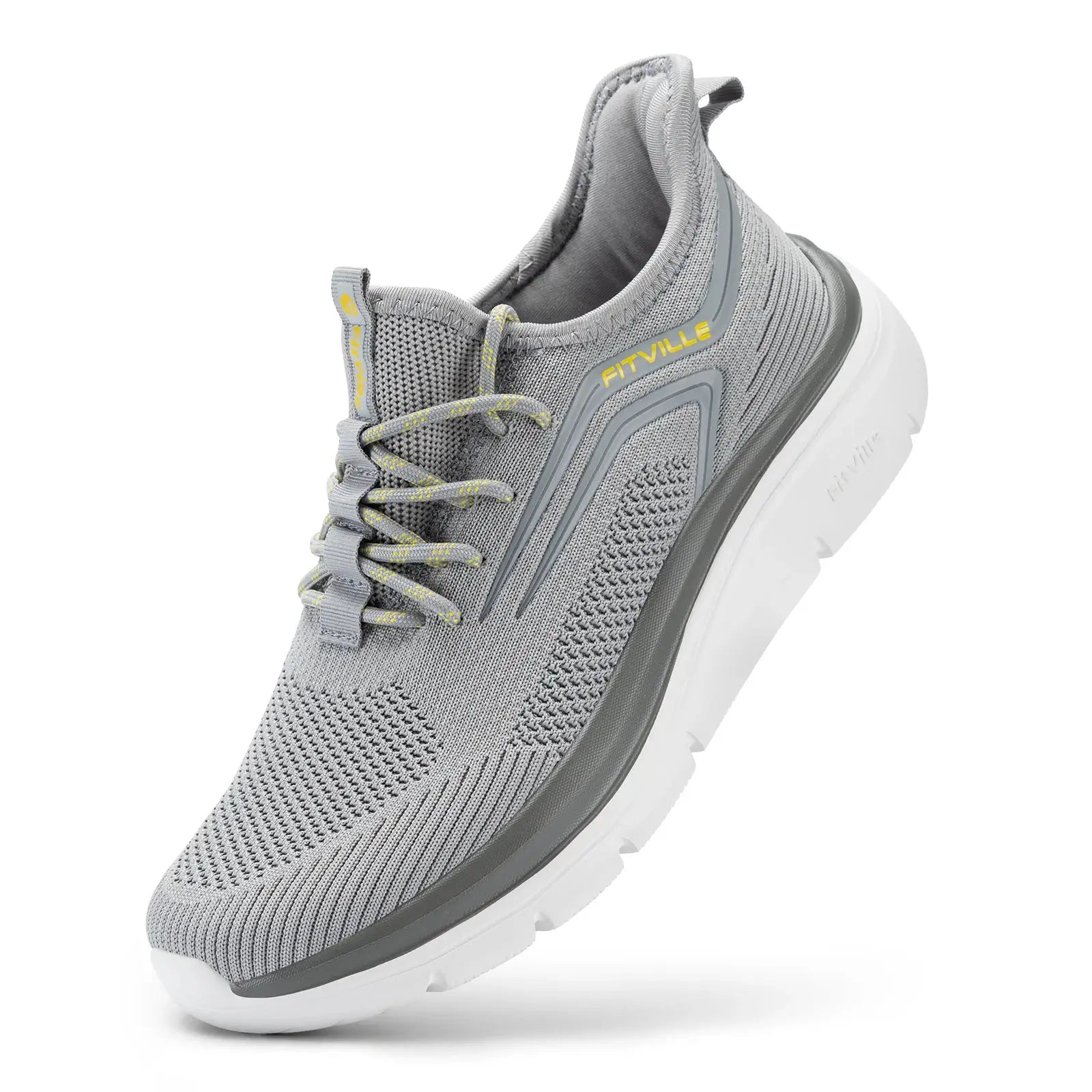 FitVille men's running shoes with thick white sole and grey knit upper, arch support
