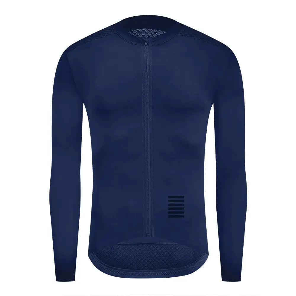 YKYWBIKE men's cycling jersey, navy blue, long-sleeve with full-zip and breathable mesh panels.