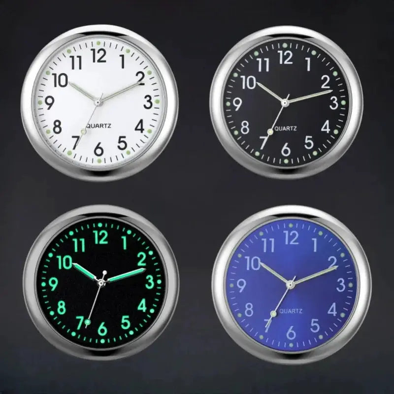 Set of four car clocks with chrome frames in white, black, green-glow, and blue quartz faces