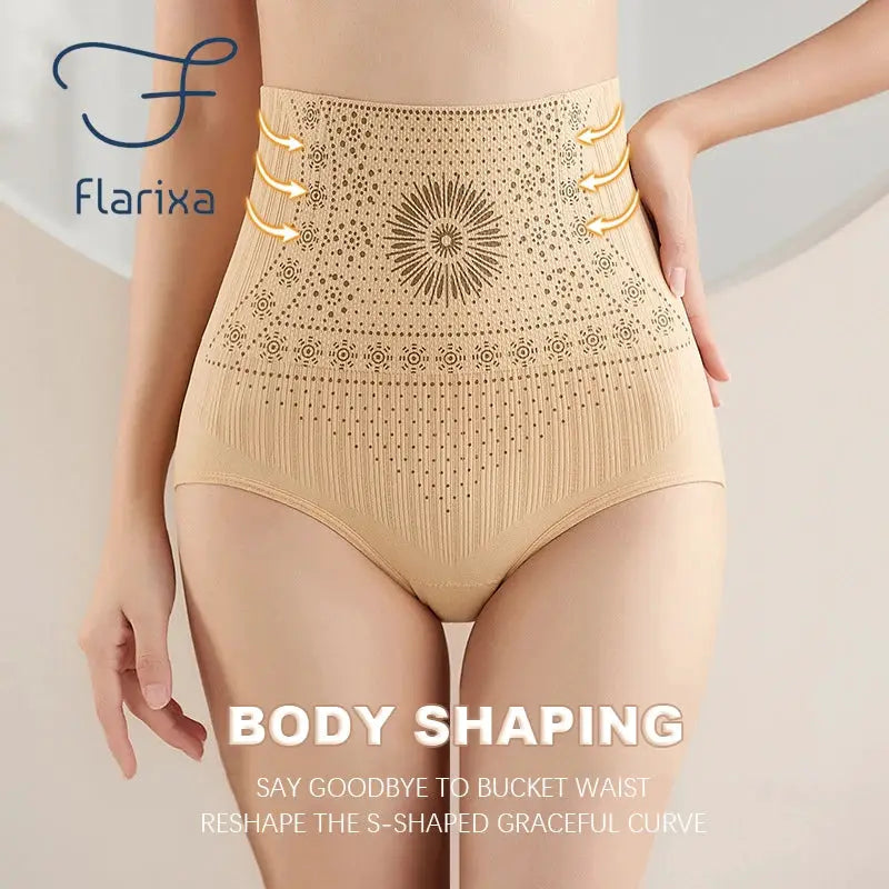 Flarixa high-waist shaping briefs in beige; seamless postpartum body shaper by Simples Market