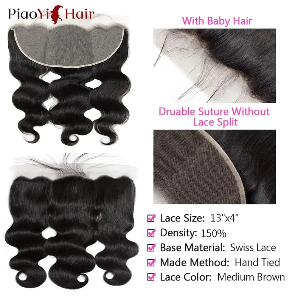 Body Wave hair bundle with 13x6 and 13x4 HD lace frontals plus a 2x6 closure, PiaoYi Hair, Swiss lace, medium brown