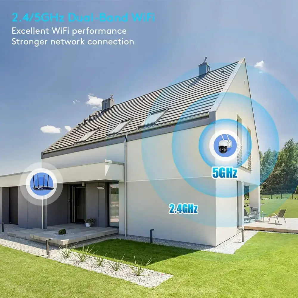 Ctronics Real 4K outdoor surveillance camera by Simples Market on a house exterior with dual-band WiFi 5GHz/2.4GHz