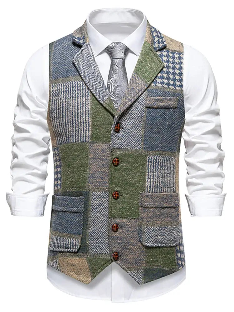 Simples Market green tweed patchwork waistcoat with plaid blocks over white shirt