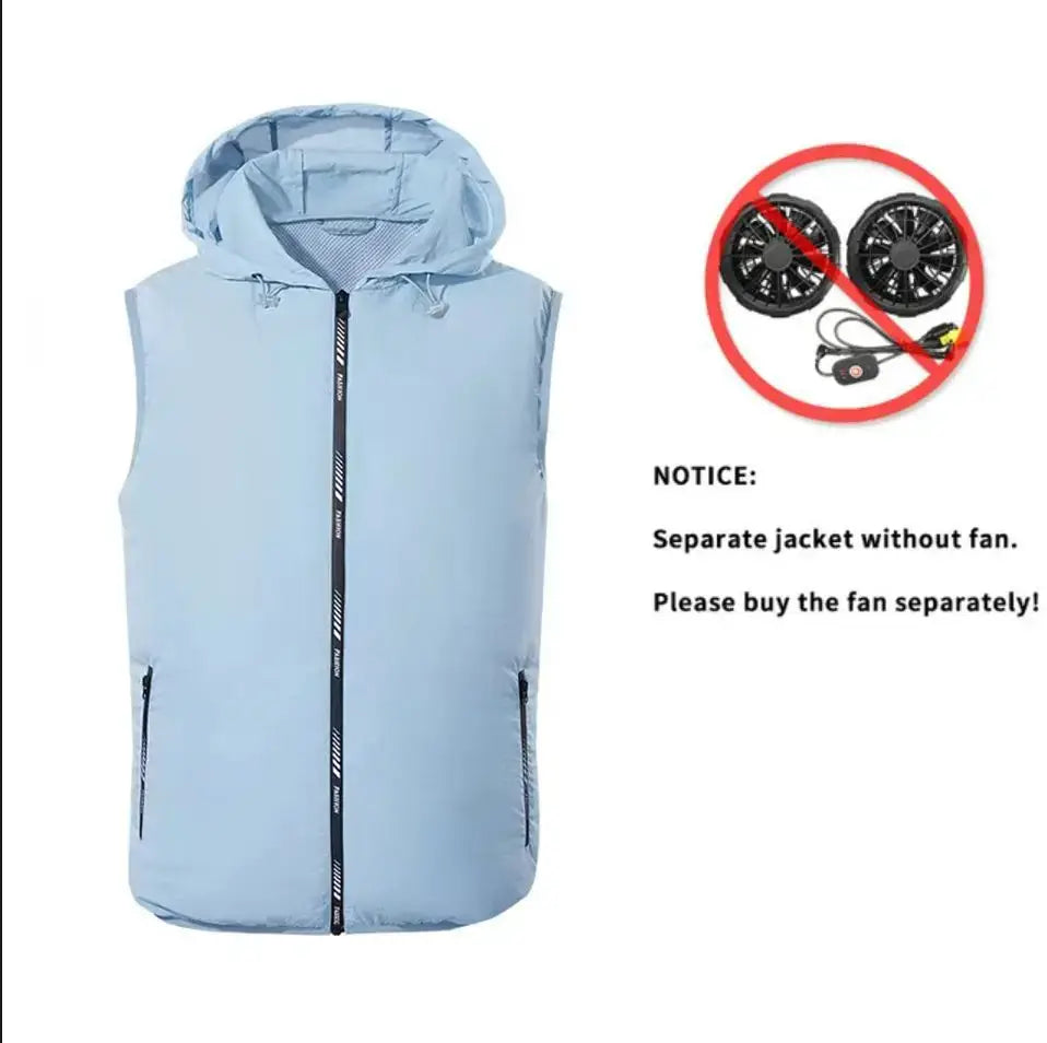 Windbreaker vest with hood and front zip in light blue; ultralight, by Simples Market, fan not included.