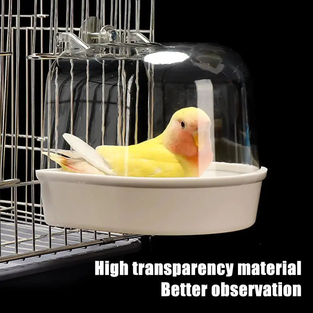 Hanging bird bath cube with clear dome and white basin, yellow lovebird inside.