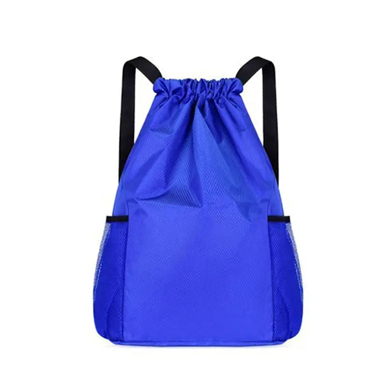 Blue drawstring backpack with side mesh pockets for unisex sports use