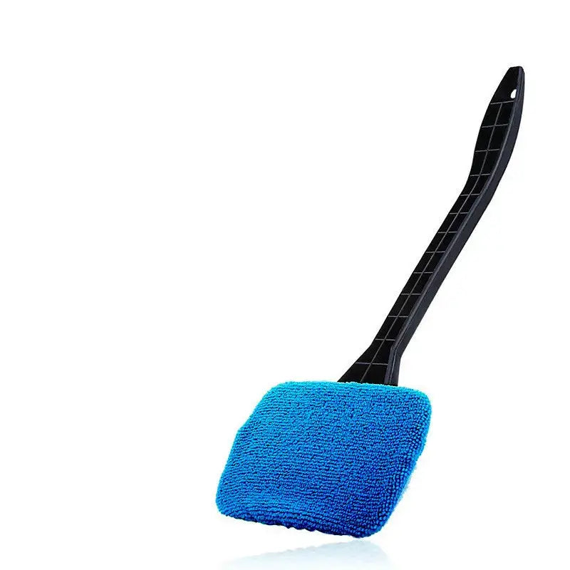Car window cleaning brush with blue microfiber pad and black plastic handle