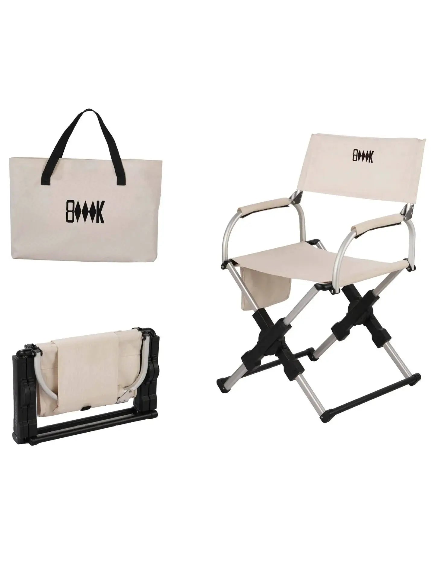 3-piece set: outdoor foldable director chair with aluminum alloy frame and beige fabric; BMK logo carry bag.