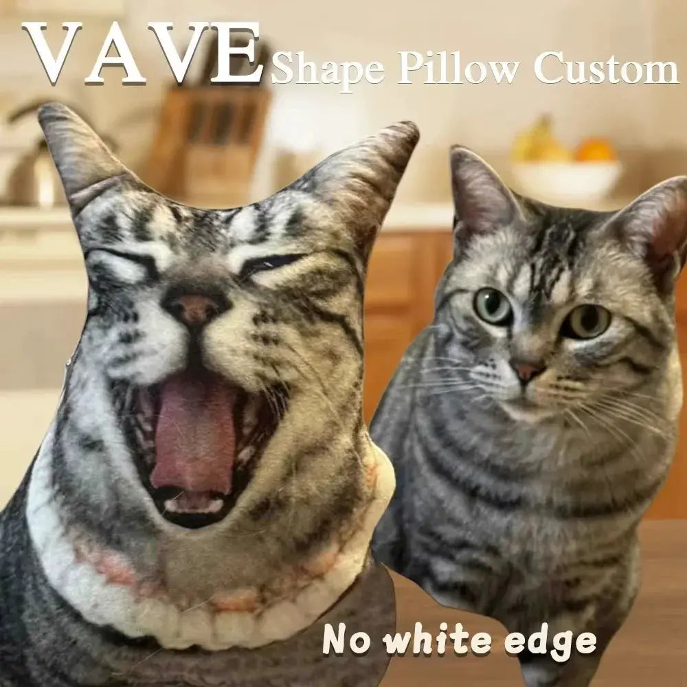 Two gray tabby cat-shaped photo pillows for DIY pet cushions; printed cat faces for sofa or car decor