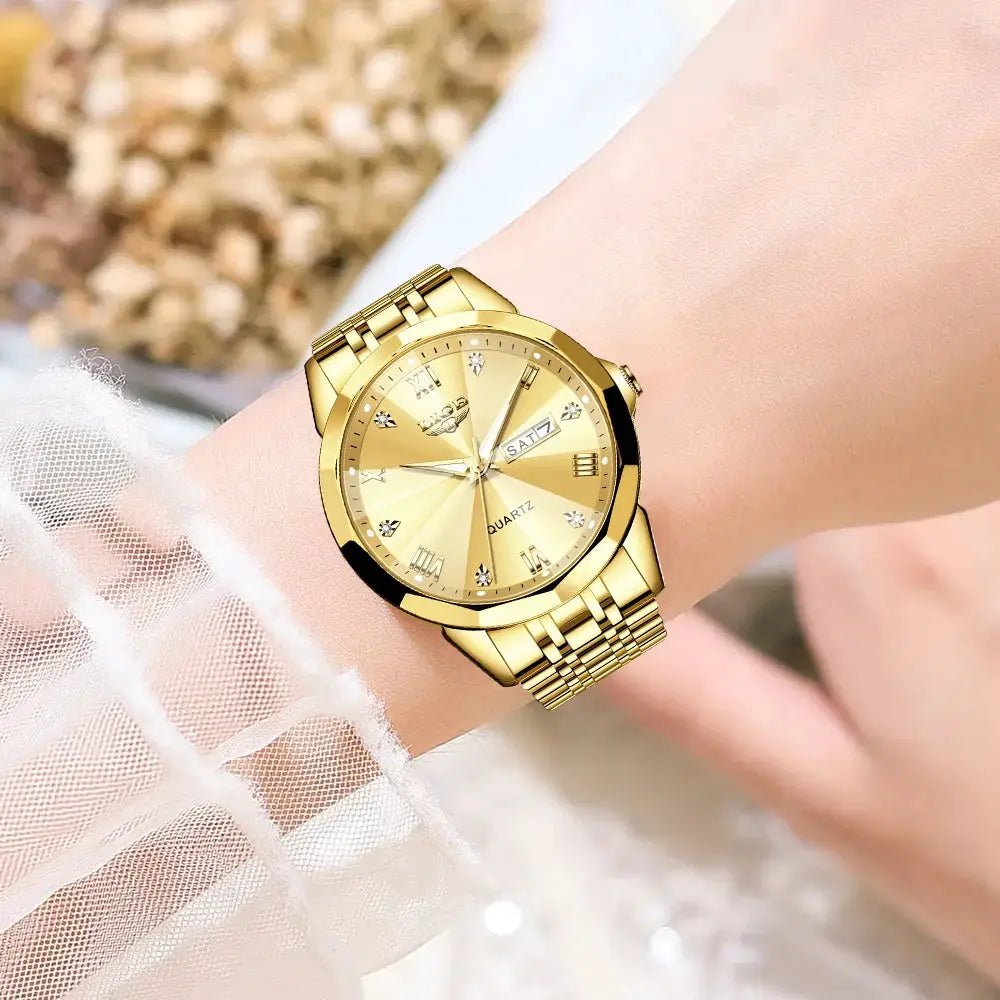 LIGE women's gold-tone luxury quartz watch with bracelet band and day-date window