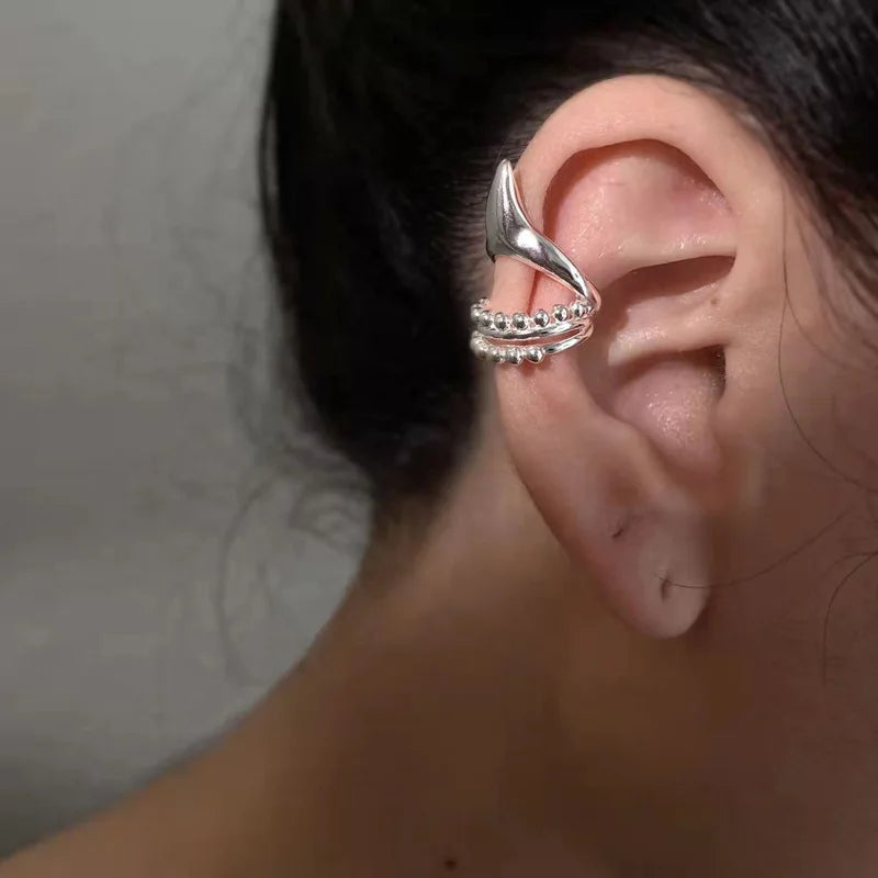 Elf Ear Clip Long Chain Tassel Earrings, silver-tone ear cuff