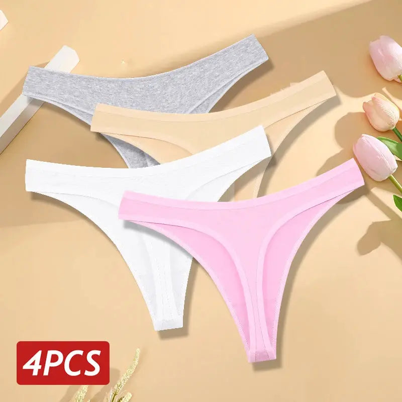 Women's cotton seamless low-rise V-waist thong set, 4PCS, gray beige white pink, Simples Market