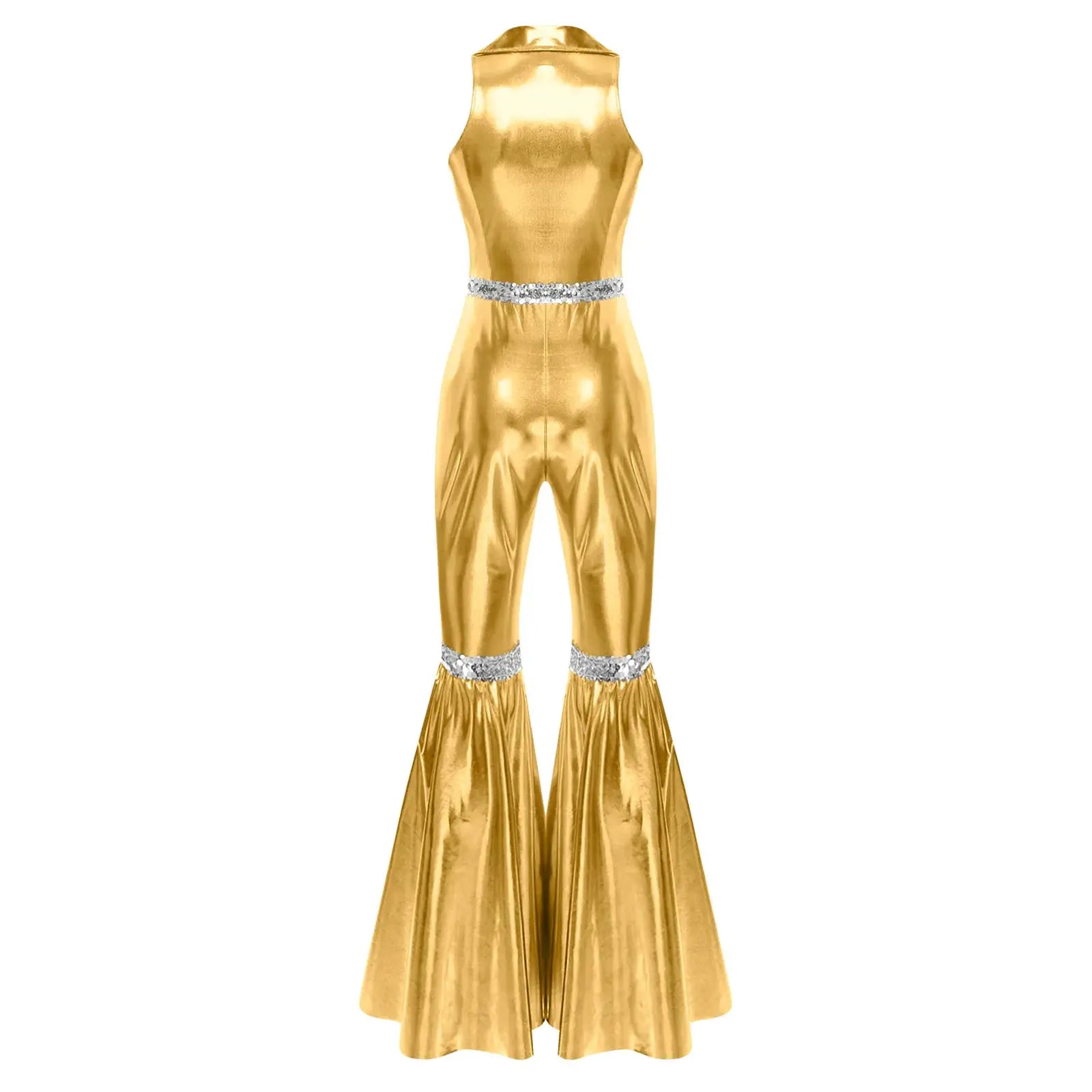 Gold metallic 70s disco jumpsuit, sleeveless, with rhinestone belt and bell-bottom pants
