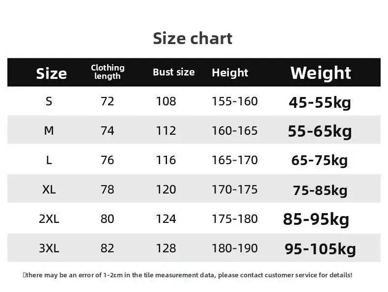 Coat size chart for winter men's hooded fur-collar duck down coats (S–3XL) showing bust, height, and weight ranges.