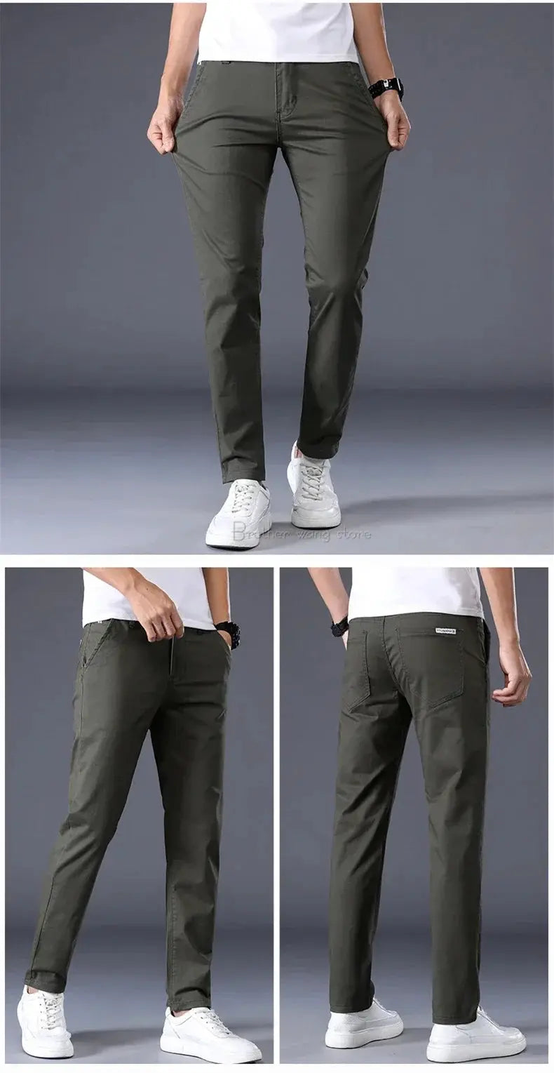 Summer cotton men's casual pants by Simples Market, olive green, elastic straight slim-fit long trousers.