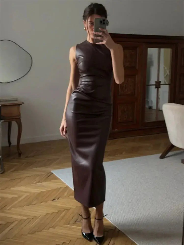 PU Leather Maxi Dress For Women High Waist Sleeveless Patchwork Bodycon Streetwear Flattering Slim Silhouette