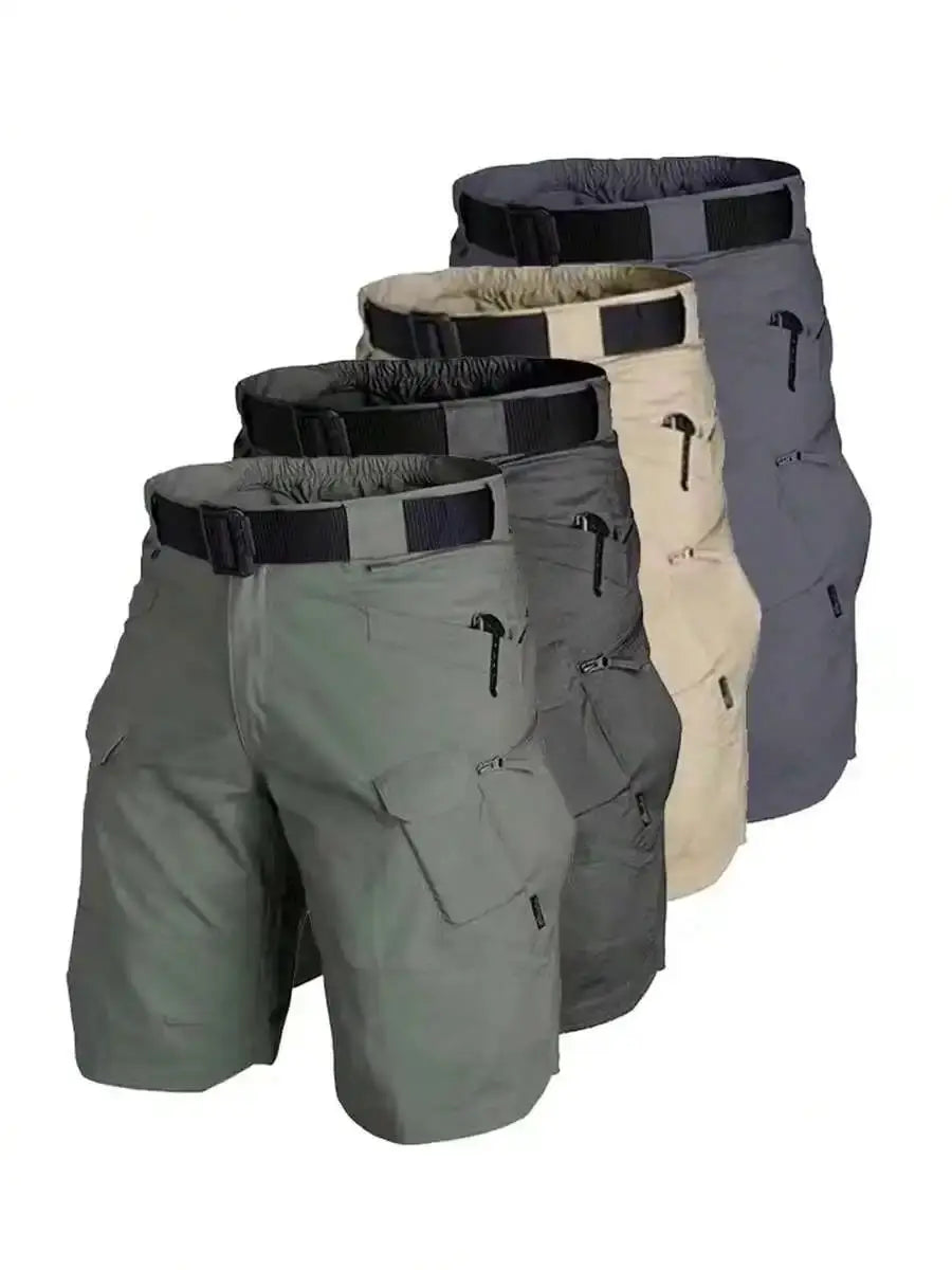 Men's cargo shorts by Simples Market with elastic waist and multiple pockets, shown in five colors.