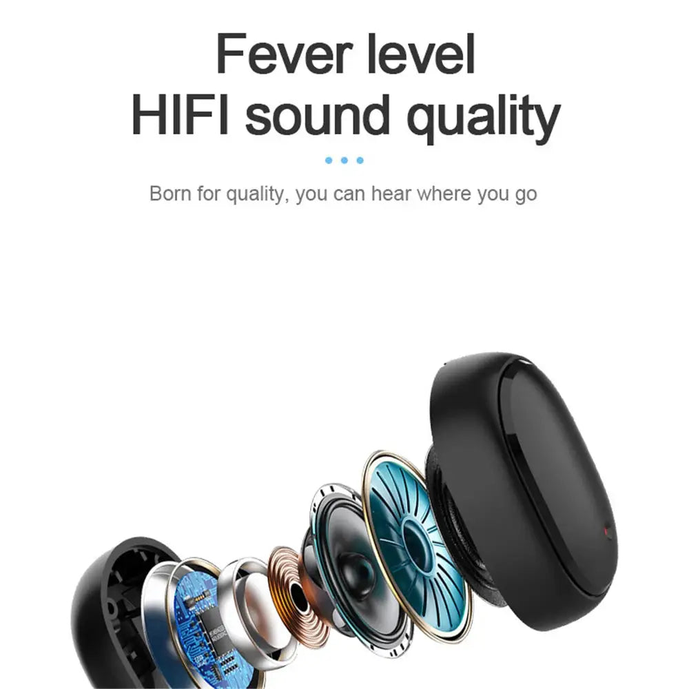 A6S wireless Bluetooth earphones with black charging case, exploded view of internal driver components