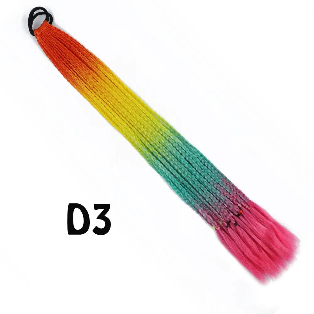 Braided ponytail extension with rainbow gradient, elastic band, 24in length