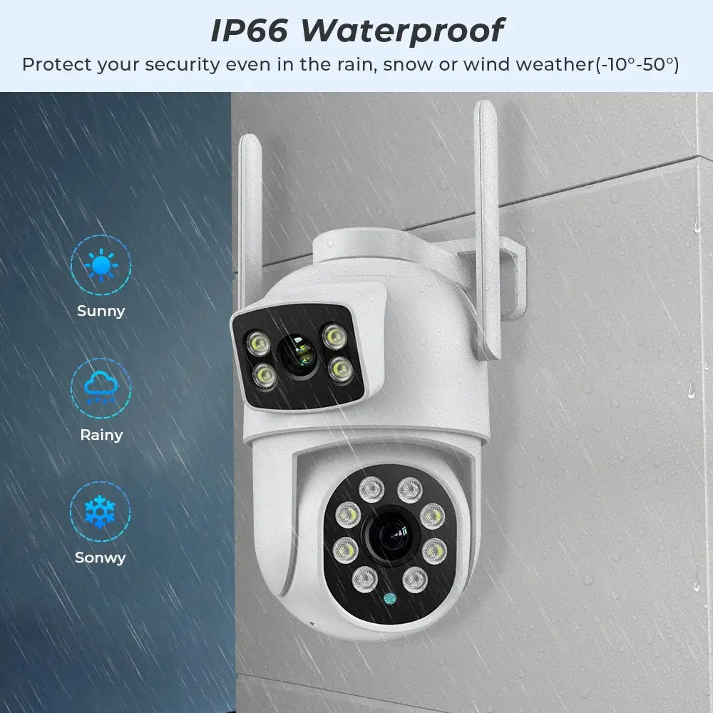 BESDER outdoor security camera with dual lenses, IP66 waterproof, white PTZ unit with wall mount and antennas.