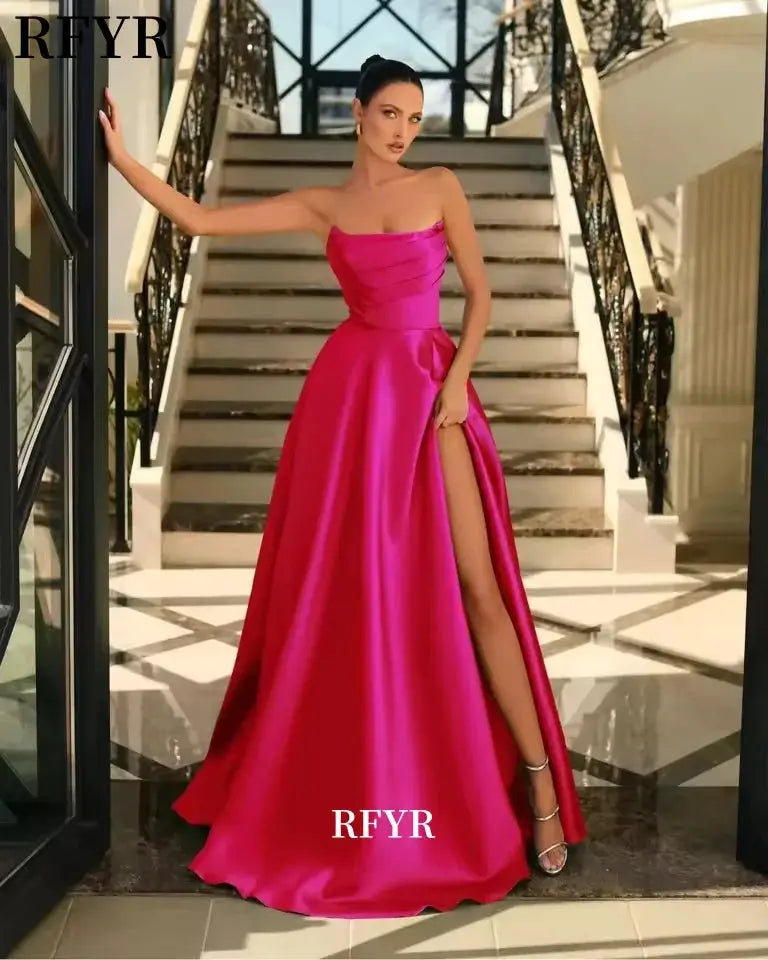 RFYR Green Satin Evening Dress Pleats A Line High Split Prom