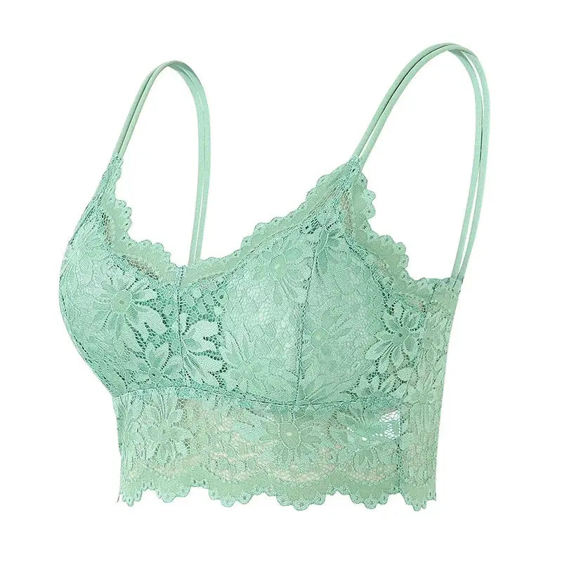 Lace bralette by Simples Market in mint green with wireless design, floral pattern and scalloped hem
