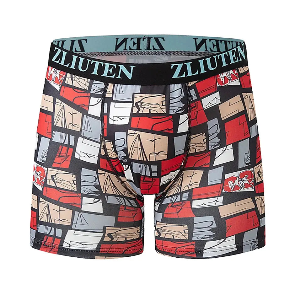Men's long boxer briefs with multicolor geometric print and elastic waistband