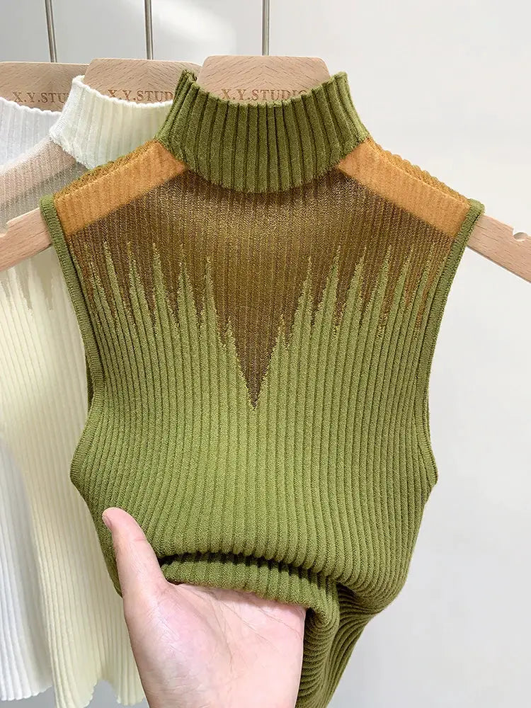 Mesh Knitted Y2K Tank Top For Women Half Neck Sleeveless Vest With Cutout Detail Streetwear Chic