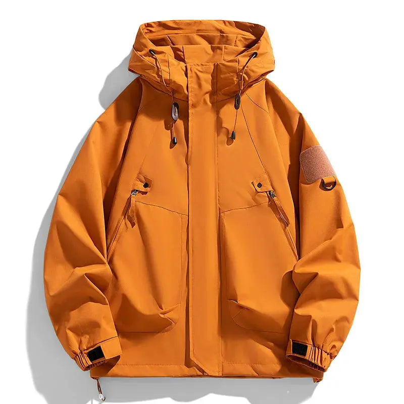 Hooded orange windbreaker jacket with front zipper and multiple pockets.