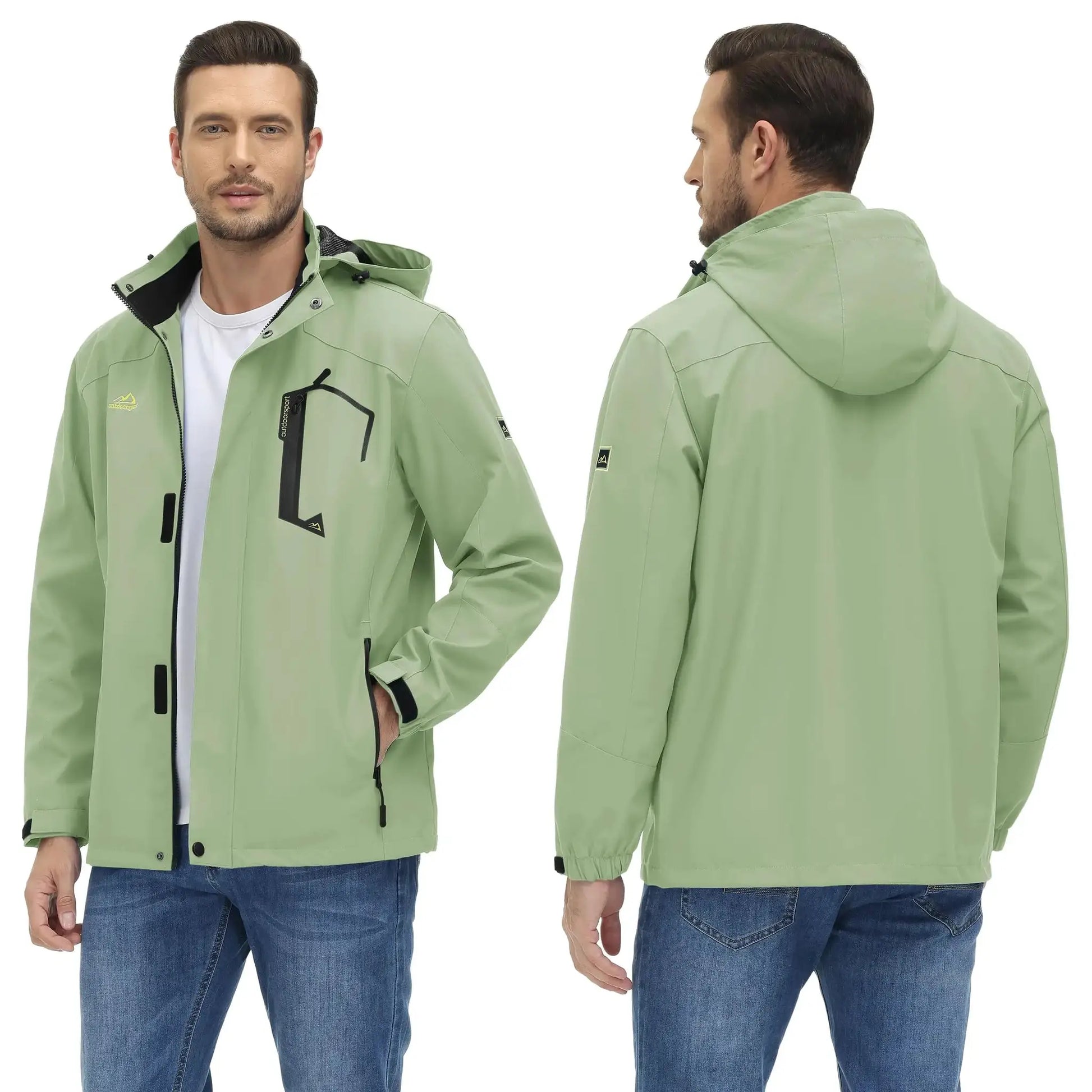TACVASEN men's olive-green lightweight waterproof rain jacket with hood, front and back views