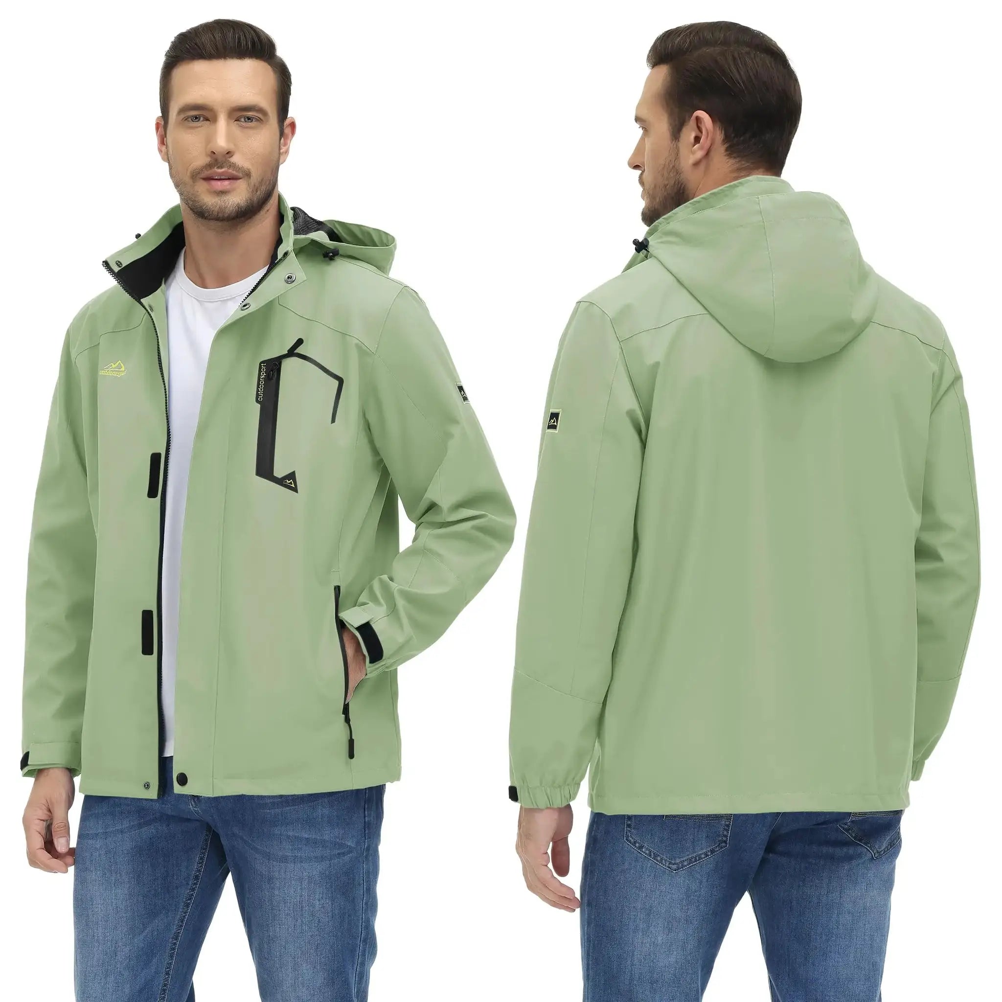 TACVASEN men's olive-green lightweight waterproof rain jacket with hood, front and back views