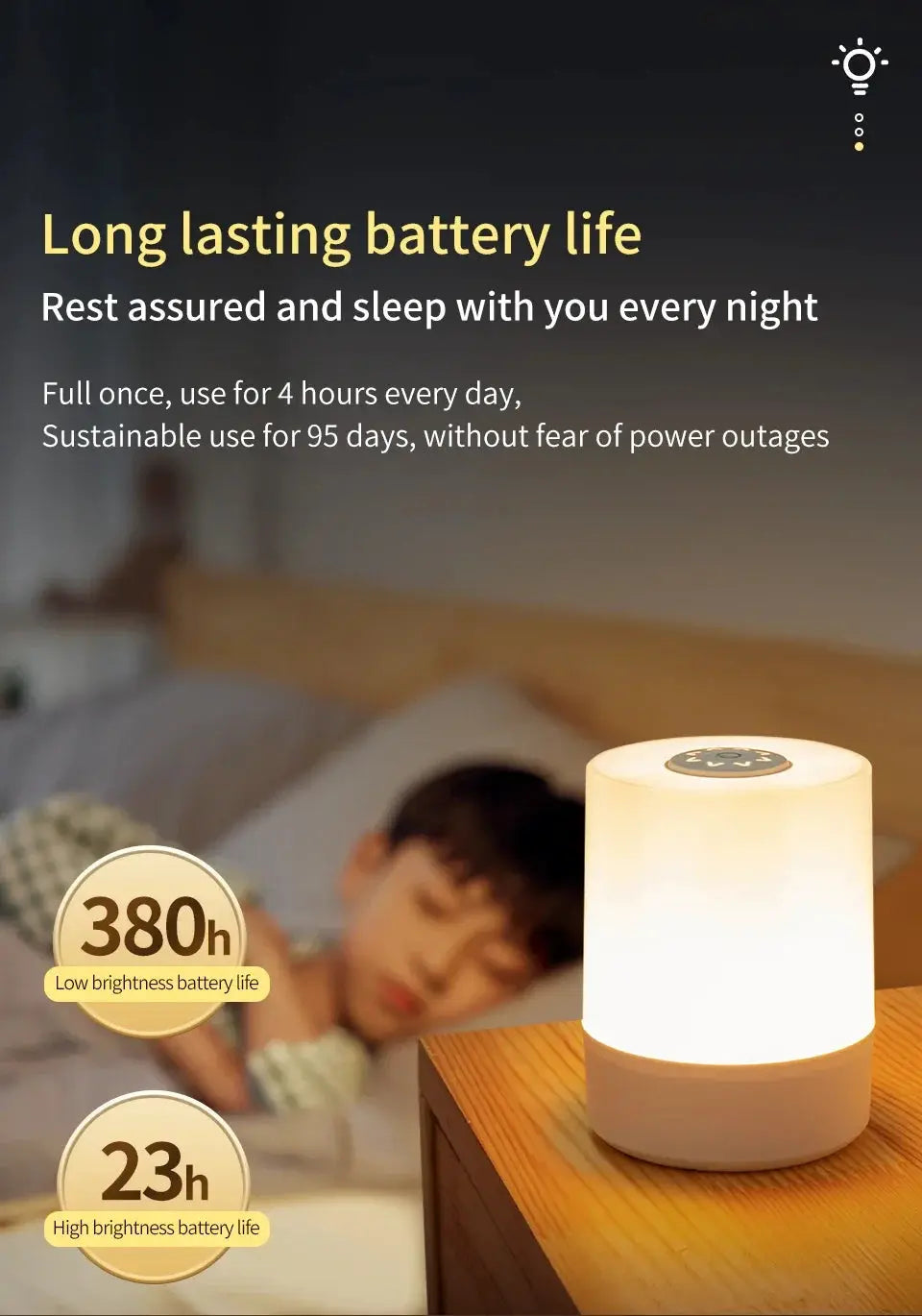 Bedside LED touch night light Simples Market, rechargeable and dimmable with warm white glow on bedside table