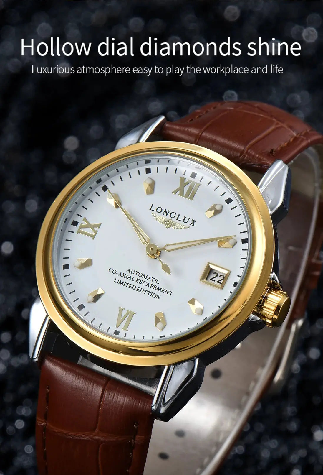 LONGLUX automatic men's watch with white dial, gold bezel, brown leather strap, date window, gold-tone hands.