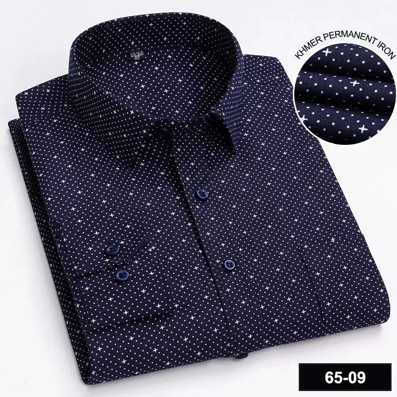 Men's navy long-sleeve shirt with tiny white print, button-down front, single chest pocket, folded.